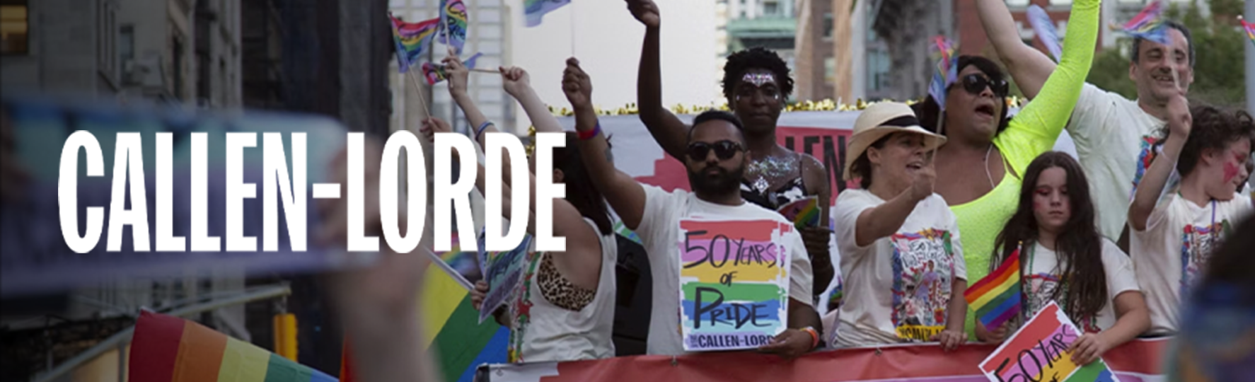 Text reads Callen-Lorde. Photo of people on a float at a pride parade